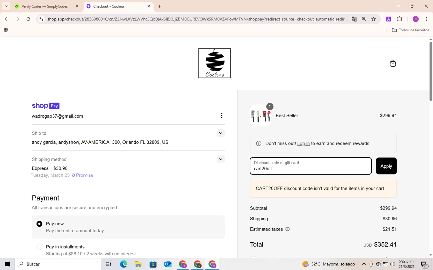 Coolina discount code screenshot showing code cart20off applied at Coolina checkout page. Uploaded by SimplyCodes community member Andygar on Mar 21, 2025