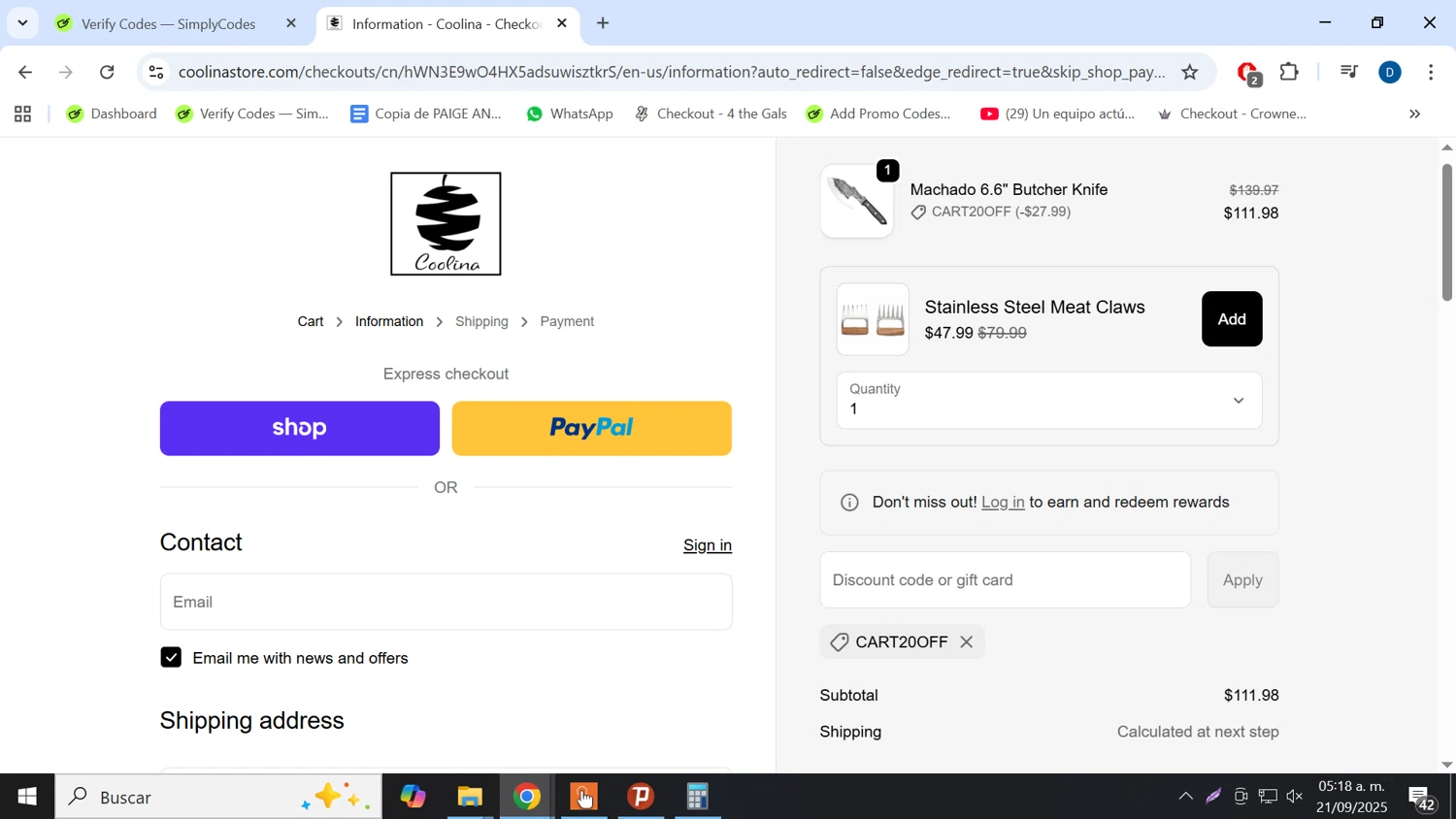 Coolina discount code screenshot showing code cart20off applied at Coolina checkout page. Uploaded by SimplyCodes community member danielgarcia1 on Sep 21, 2025