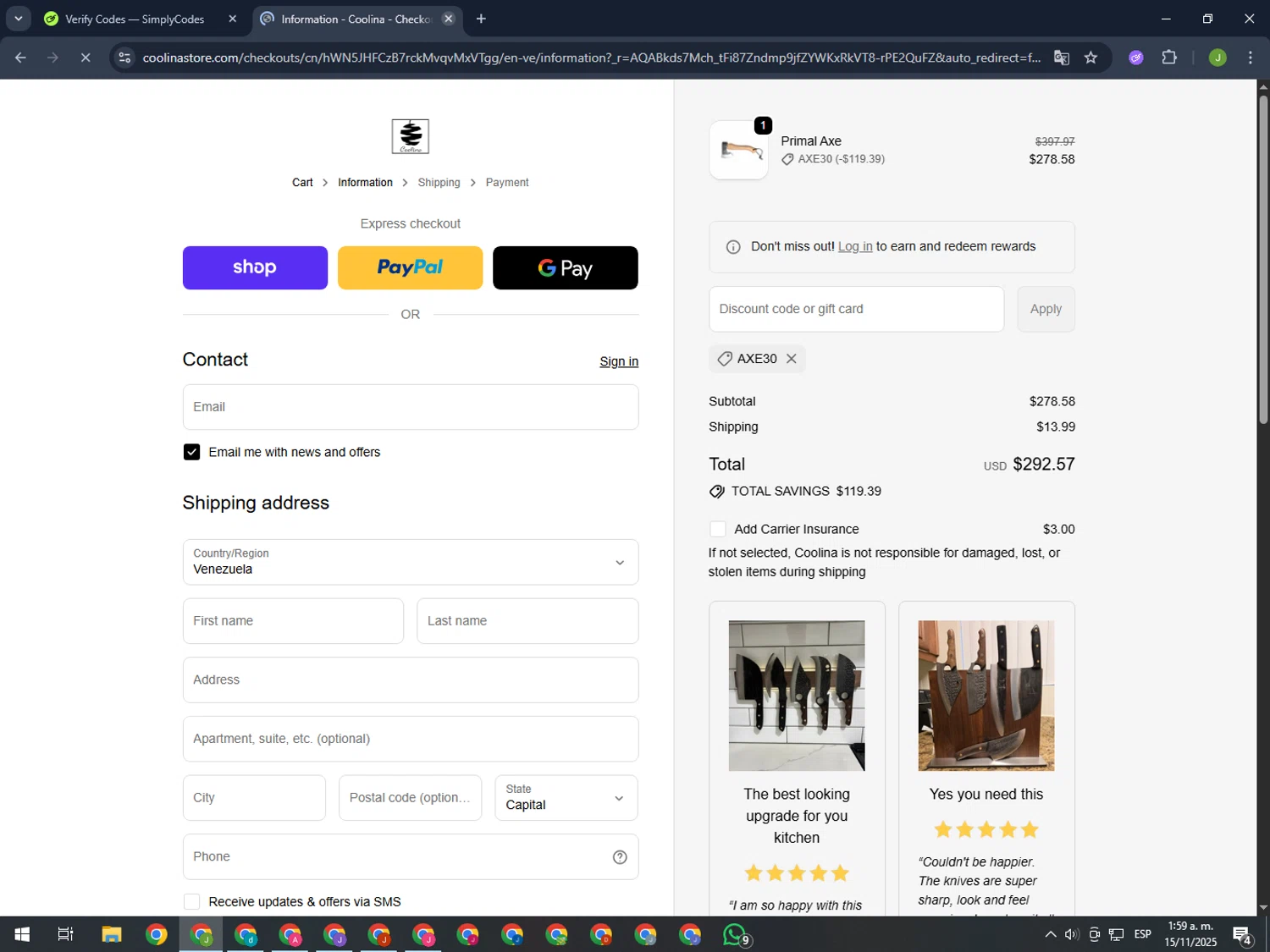 Coolina discount code screenshot showing code axe30 applied at Coolina checkout page. Uploaded by SimplyCodes community member MightyFinder1041 on Nov 15, 2025
