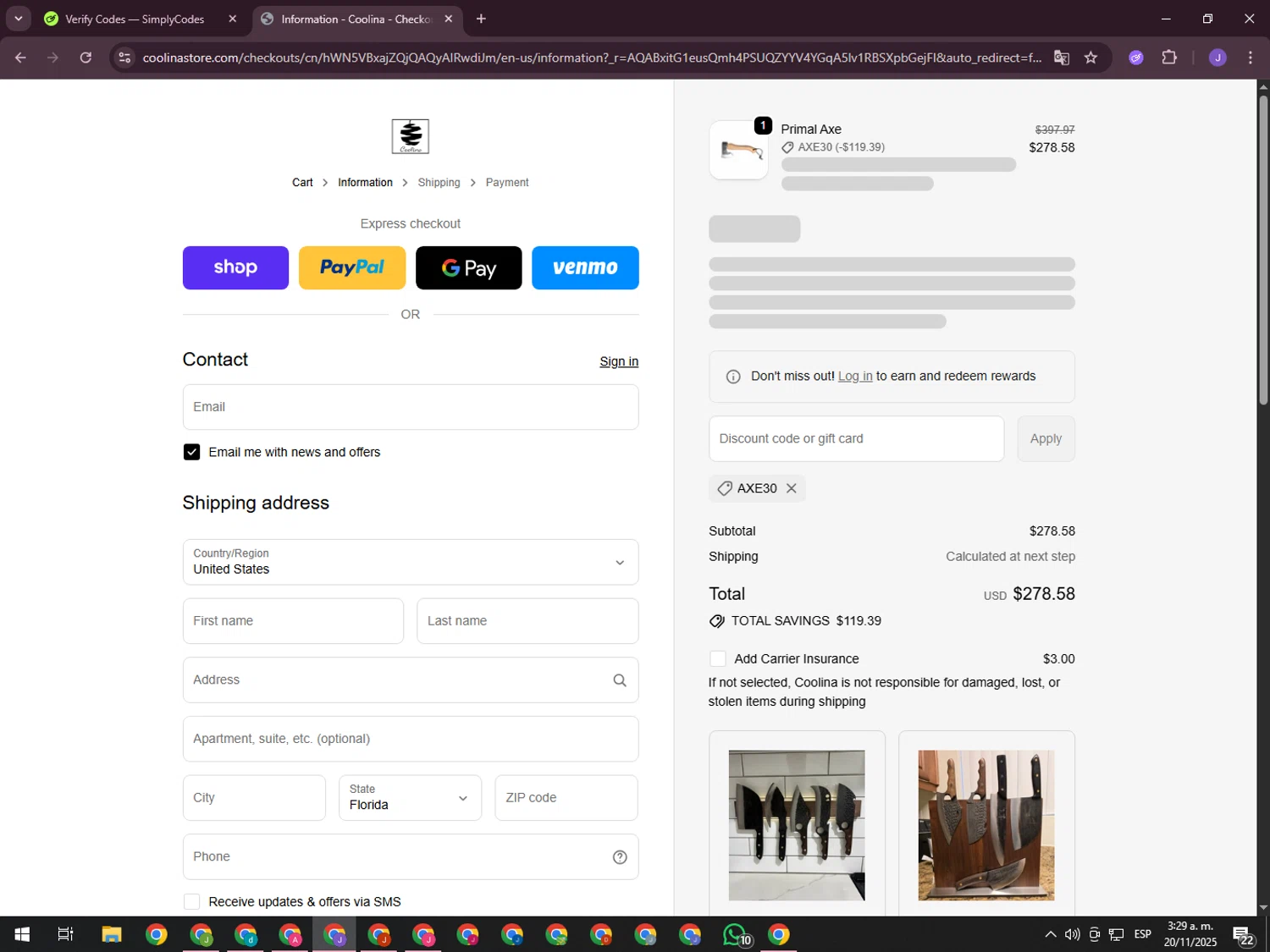 Coolina discount code screenshot showing code axe30 applied at Coolina checkout page. Uploaded by SimplyCodes community member ValueHero2277 on Nov 20, 2025