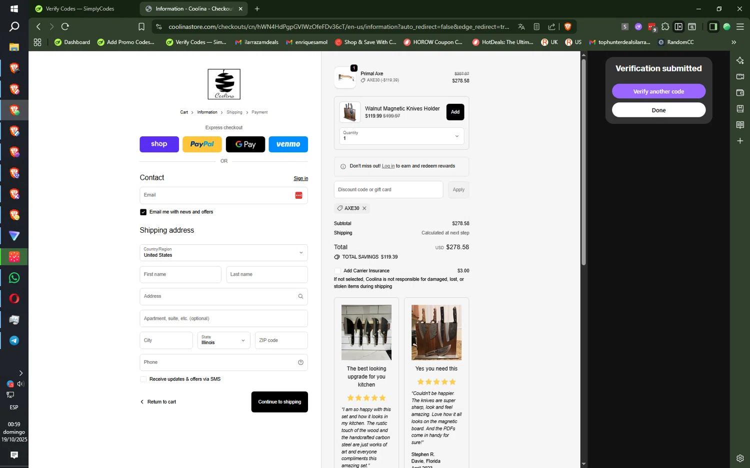 Coolina discount code screenshot showing code axe30 applied at Coolina checkout page. Uploaded by SimplyCodes community member SilentNova8472 on Oct 19, 2025