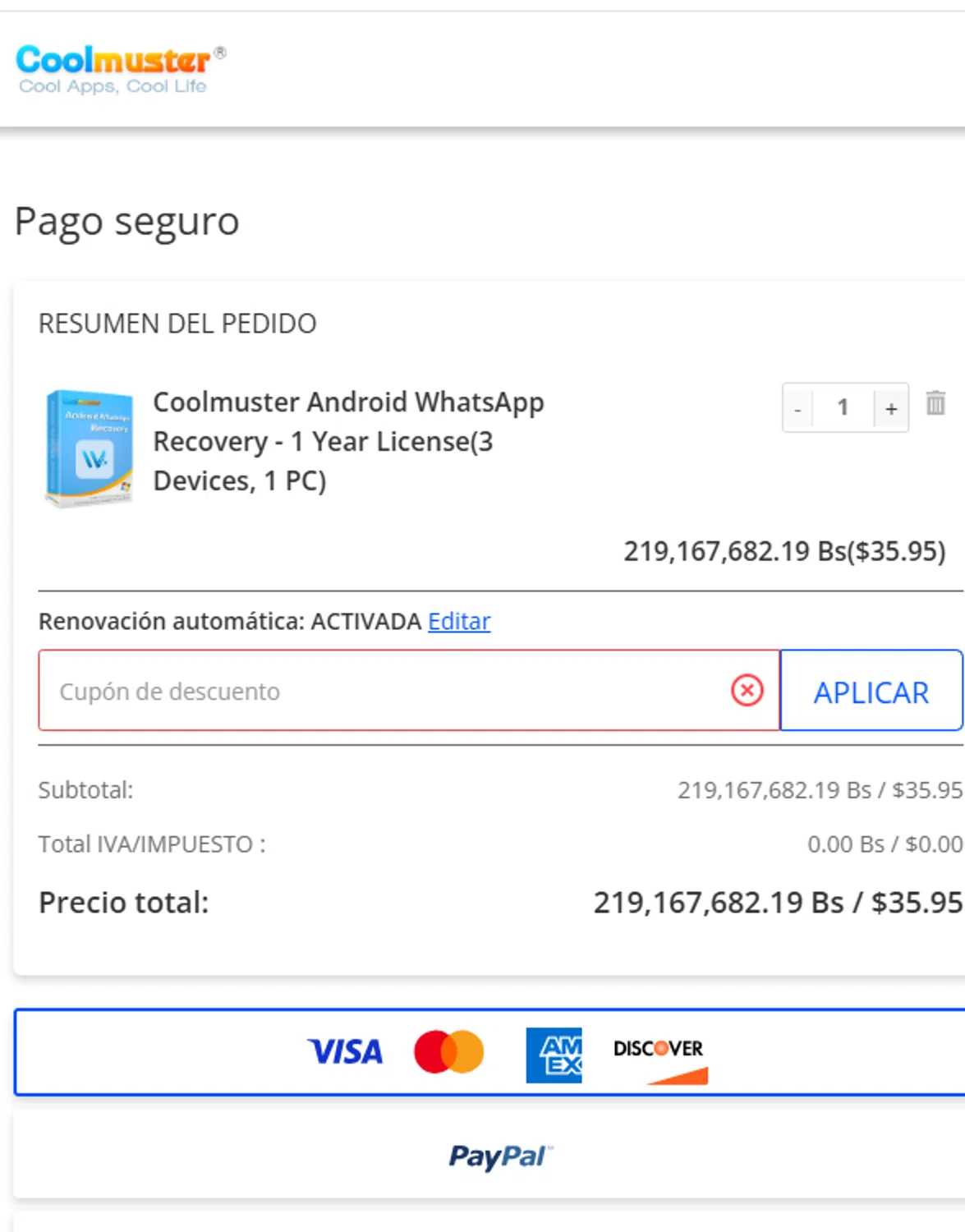 Coolmuster coupon code screenshot showing code COOL-D44O-PWPO applied at Coolmuster checkout page. Uploaded by SimplyCodes community member joanromero on Feb 13, 2025