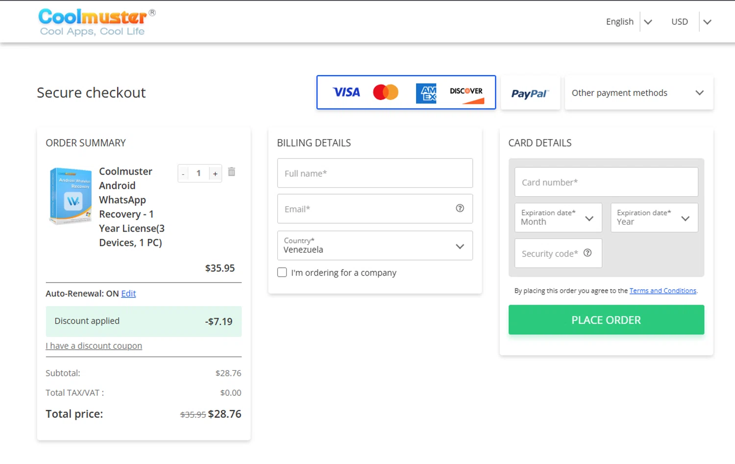 Coolmuster coupon code screenshot showing code COOL-RBWN-GIGS applied at Coolmuster checkout page. Uploaded by SimplyCodes community member CashPro9699 on Mar 7, 2025