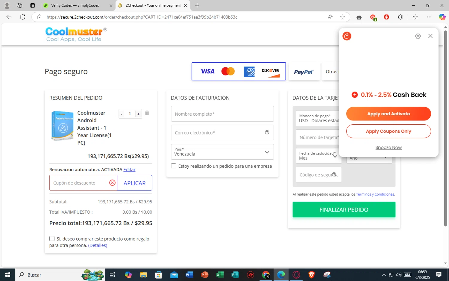 Coolmuster coupon code screenshot showing code ColorMango30 applied at Coolmuster checkout page. Uploaded by SimplyCodes community member MARICORI on Mar 6, 2025