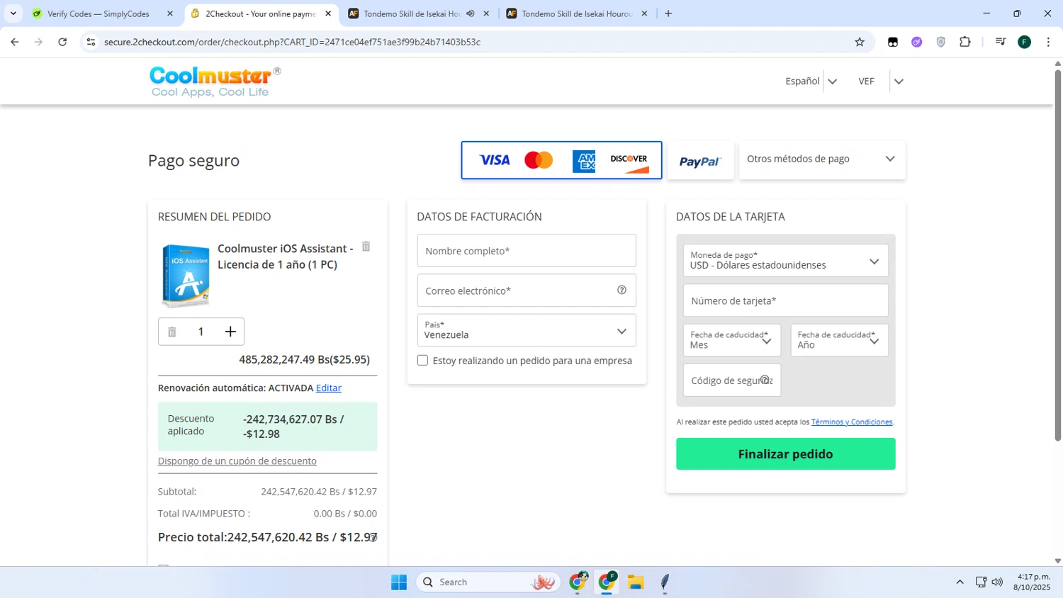 Coolmuster coupon code screenshot showing code COOLTCDEAL applied at Coolmuster checkout page. Uploaded by SimplyCodes community member Juanse on Oct 8, 2025