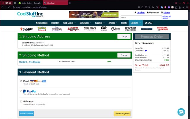 Coolstuffinc checkout page showing Coolstuffinc promo code box | Screenshot taken by SimplyCodes community member on Jul 8, 2025