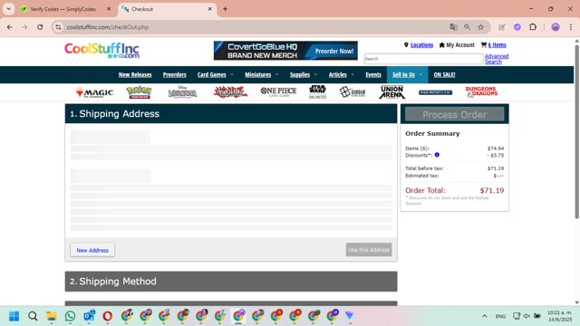 Coolstuffinc checkout page showing Coolstuffinc promo code box | Screenshot taken by SimplyCodes community member on Jun 14, 2025