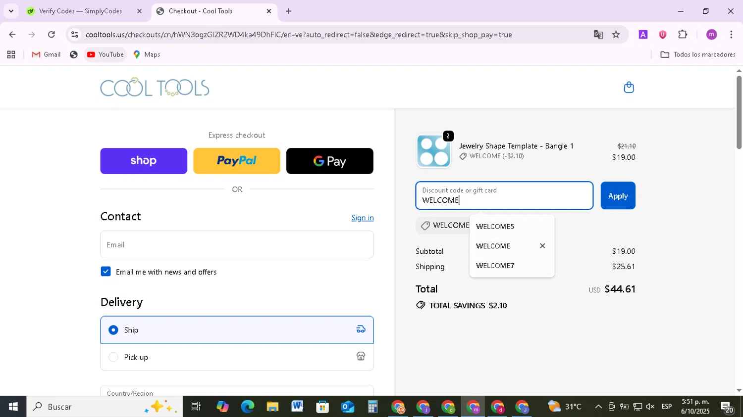 Cool Tools promo code screenshot showing code WELCOME applied at Cool Tools checkout page. Uploaded by SimplyCodes community member BudgetMonarch8952 on Oct 6, 2025
