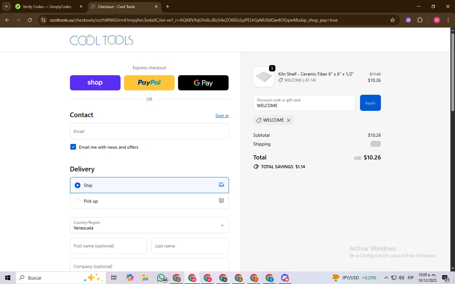 Cool Tools promo code screenshot showing code WELCOME applied at Cool Tools checkout page. Uploaded by SimplyCodes community member Chambeadoranonimo on Dec 10, 2025