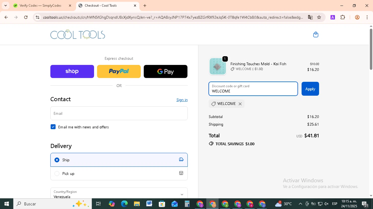 Cool Tools promo code screenshot showing code WELCOME applied at Cool Tools checkout page. Uploaded by SimplyCodes community member RebateCollector5909 on Nov 24, 2025