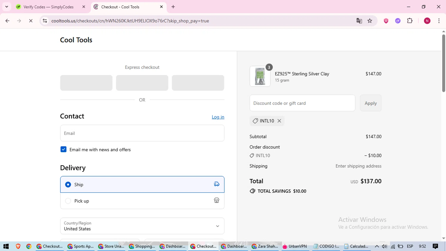 Cool Tools promo code screenshot showing code INTL10 applied at Cool Tools checkout page. Uploaded by SimplyCodes community member CoinWizard8578 on Aug 22, 2025