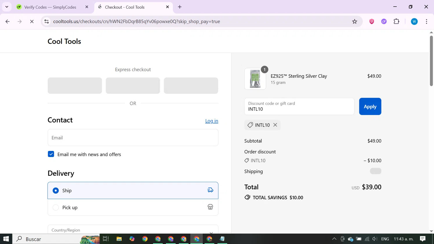 Cool Tools promo code screenshot showing code INTL10 applied at Cool Tools checkout page. Uploaded by SimplyCodes community member CrownShopper7142 on Aug 26, 2025