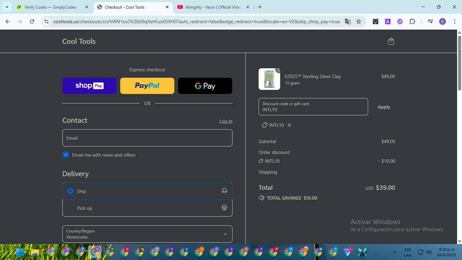 Cool Tools promo code screenshot showing code INTL10 applied at Cool Tools checkout page. Uploaded by SimplyCodes community member SavingsGuardian5156 on Aug 17, 2025