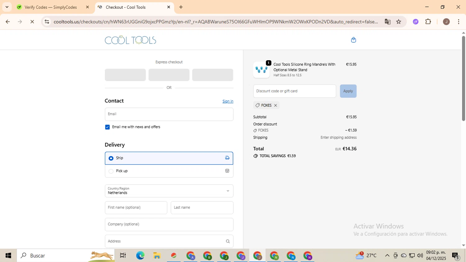Cool Tools promo code screenshot showing code FOXES applied at Cool Tools checkout page. Uploaded by SimplyCodes community member ValiantHero2365 on Dec 5, 2025
