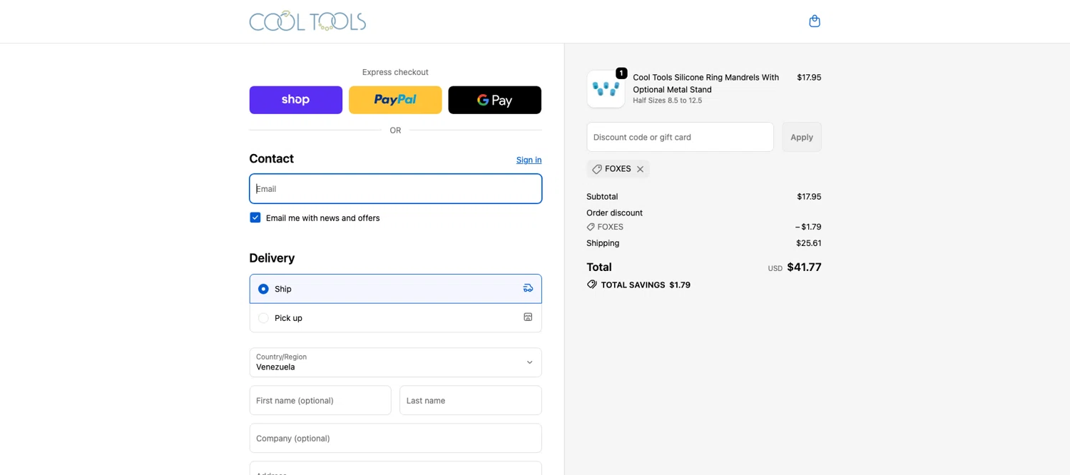 Cool Tools promo code screenshot showing code FOXES applied at Cool Tools checkout page. Uploaded by SimplyCodes community member ELOIN777 on Nov 23, 2025
