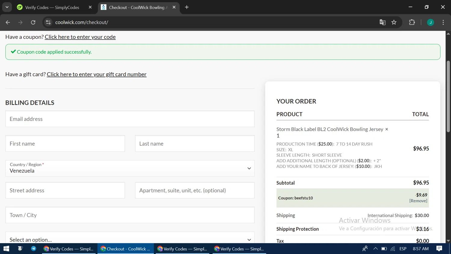 Coolwick coupon code screenshot showing code BEEFSTU10 applied at Coolwick checkout page. Uploaded by SimplyCodes community member LuckyPioneer1051 on Apr 19, 2025