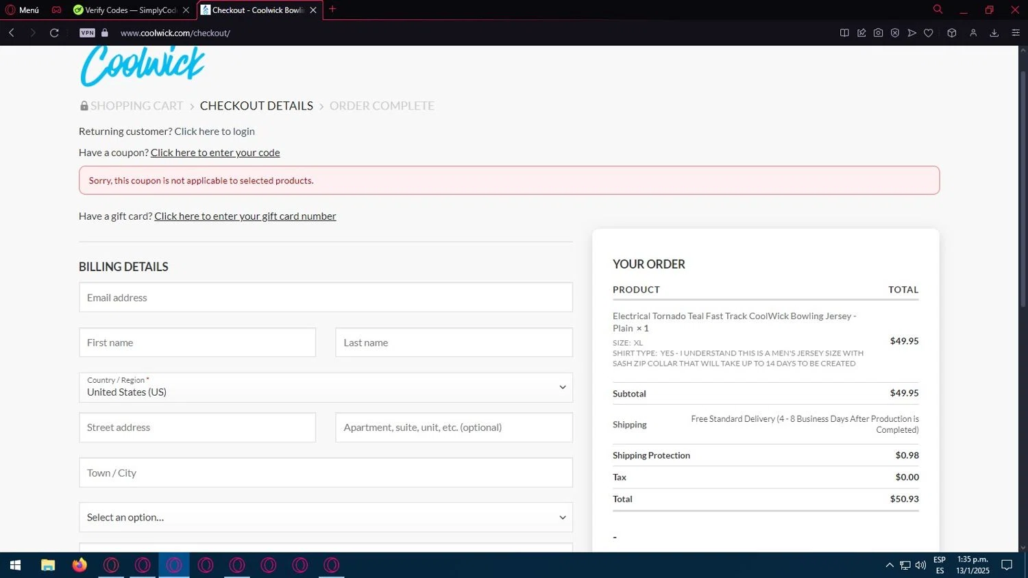 Coolwick coupon code screenshot showing code DCARREON10 applied at Coolwick checkout page. Uploaded by SimplyCodes community member Juancarloscone361 on Jan 13, 2025