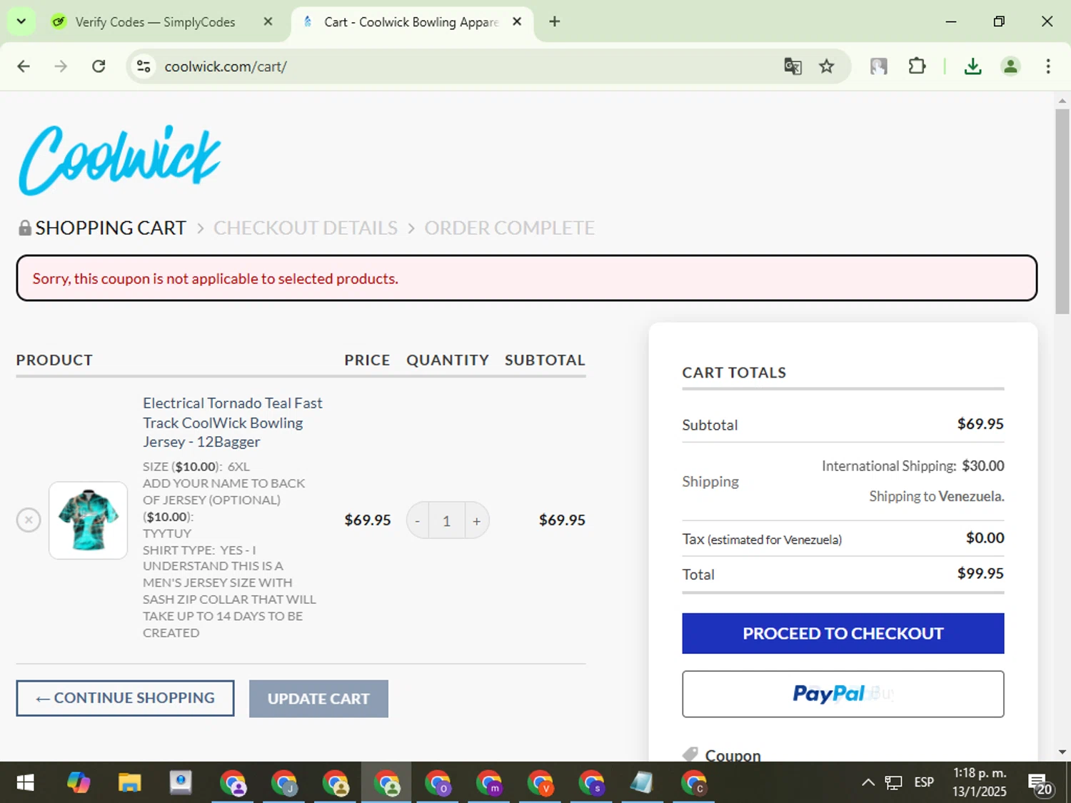 Coolwick coupon code screenshot showing code DCARREON10 applied at Coolwick checkout page. Uploaded by SimplyCodes community member TreasureFox8596 on Jan 13, 2025