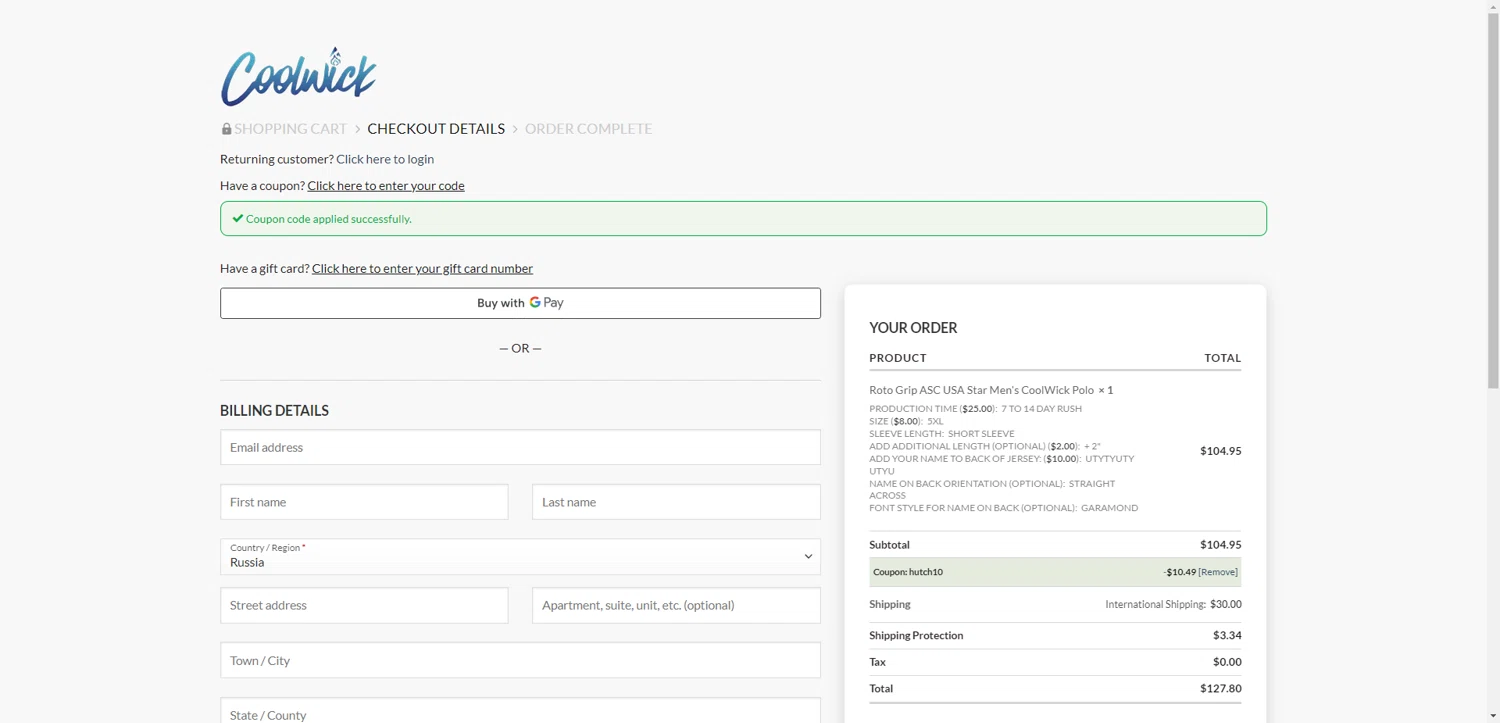 Coolwick coupon code screenshot showing code HUTCH10 applied at Coolwick checkout page. Uploaded by SimplyCodes community member EpicEagle816 on Jul 14, 2025