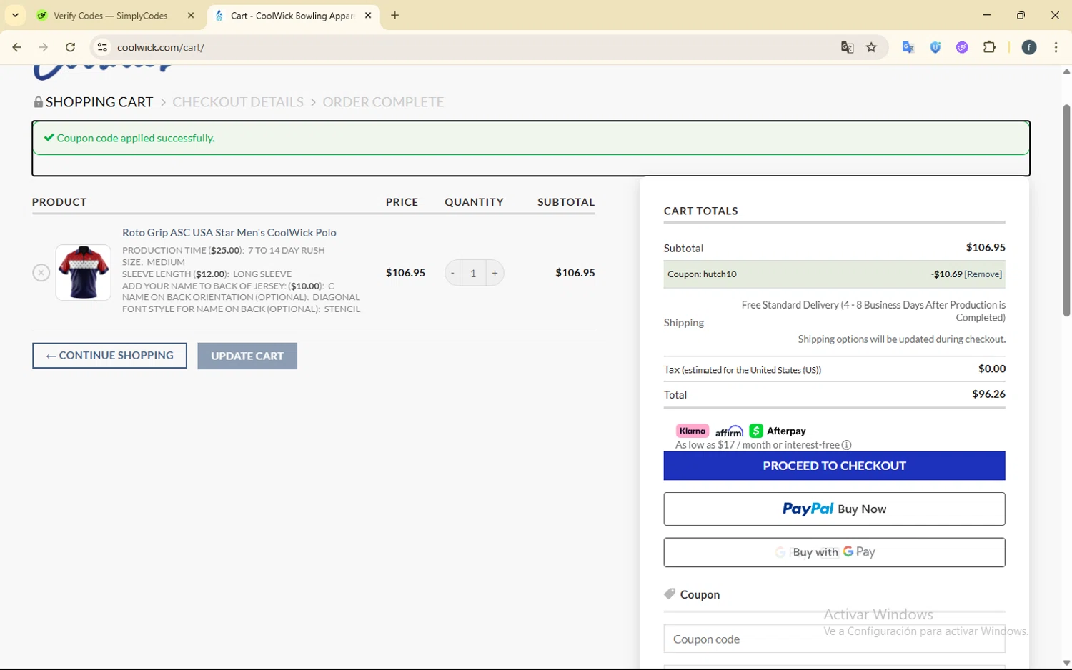 Coolwick coupon code screenshot showing code HUTCH10 applied at Coolwick checkout page. Uploaded by SimplyCodes community member SmartElite7457 on Jun 22, 2025
