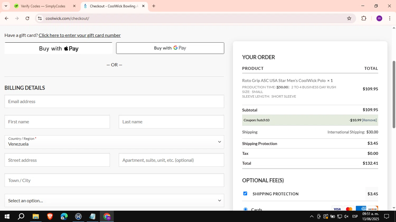 Coolwick coupon code screenshot showing code HUTCH10 applied at Coolwick checkout page. Uploaded by SimplyCodes community member VictoriousCurator6515 on Jun 13, 2025