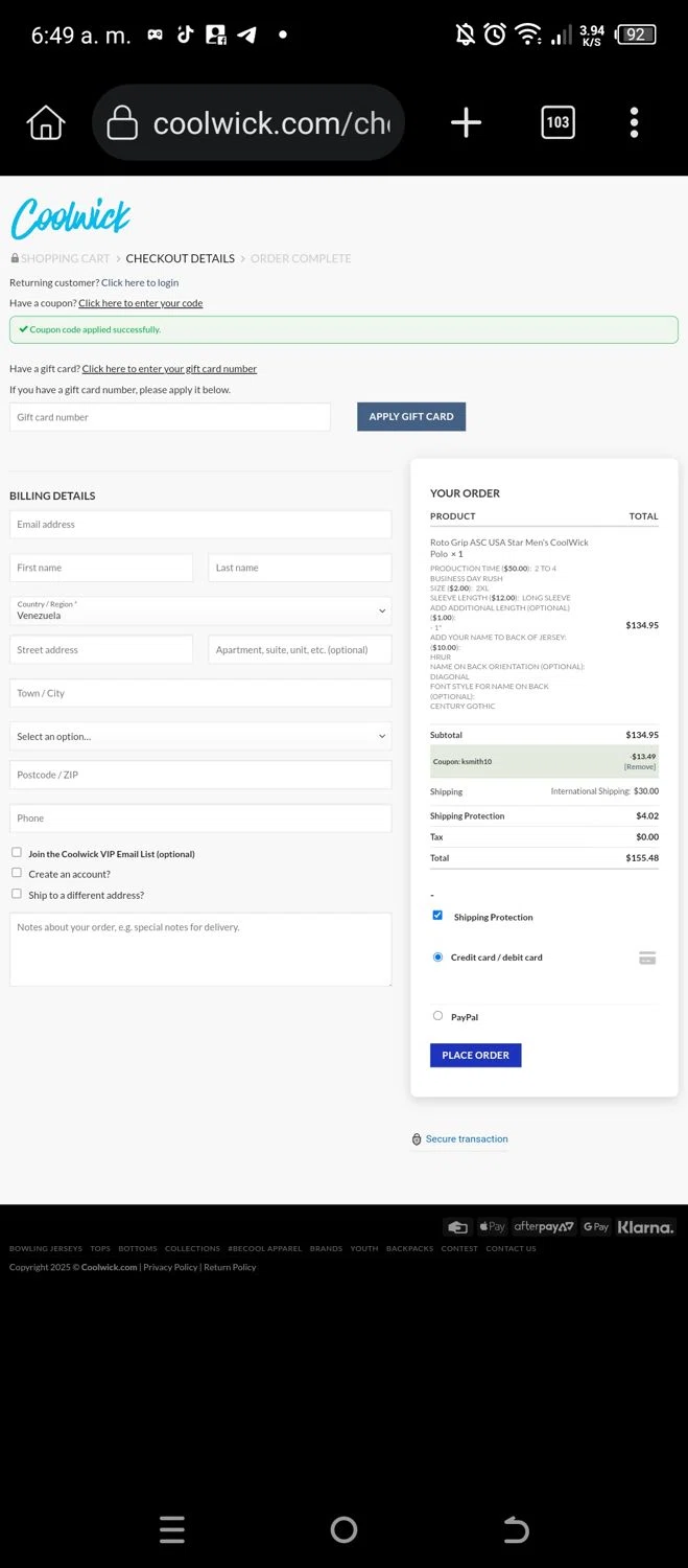 Coolwick coupon code screenshot showing code KSMITH10 applied at Coolwick checkout page. Uploaded by SimplyCodes community member Morrachida04 on Jan 7, 2025