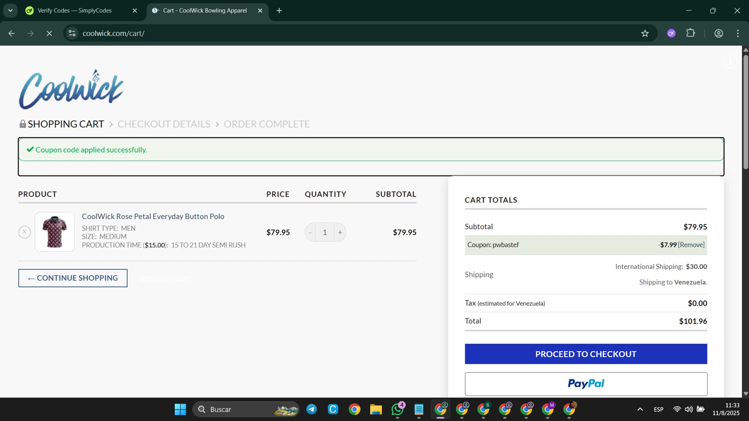 Coolwick coupon code screenshot showing code PWBASTEF applied at Coolwick checkout page. Uploaded by SimplyCodes community member LuckyElite8069 on Aug 11, 2025