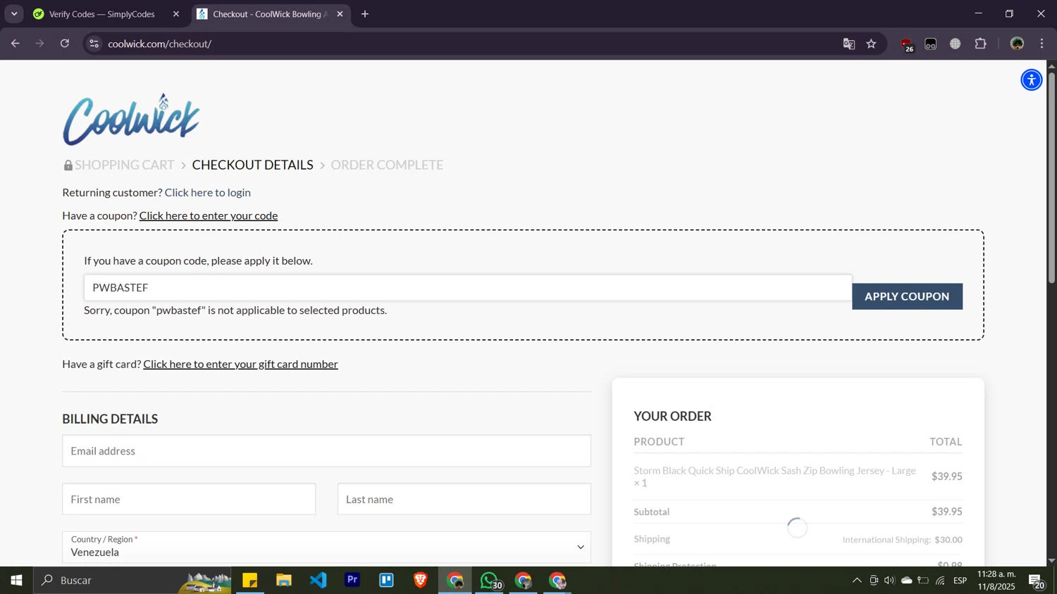 Coolwick coupon code screenshot showing code PWBASTEF applied at Coolwick checkout page. Uploaded by SimplyCodes community member Moisesdk0 on Aug 11, 2025