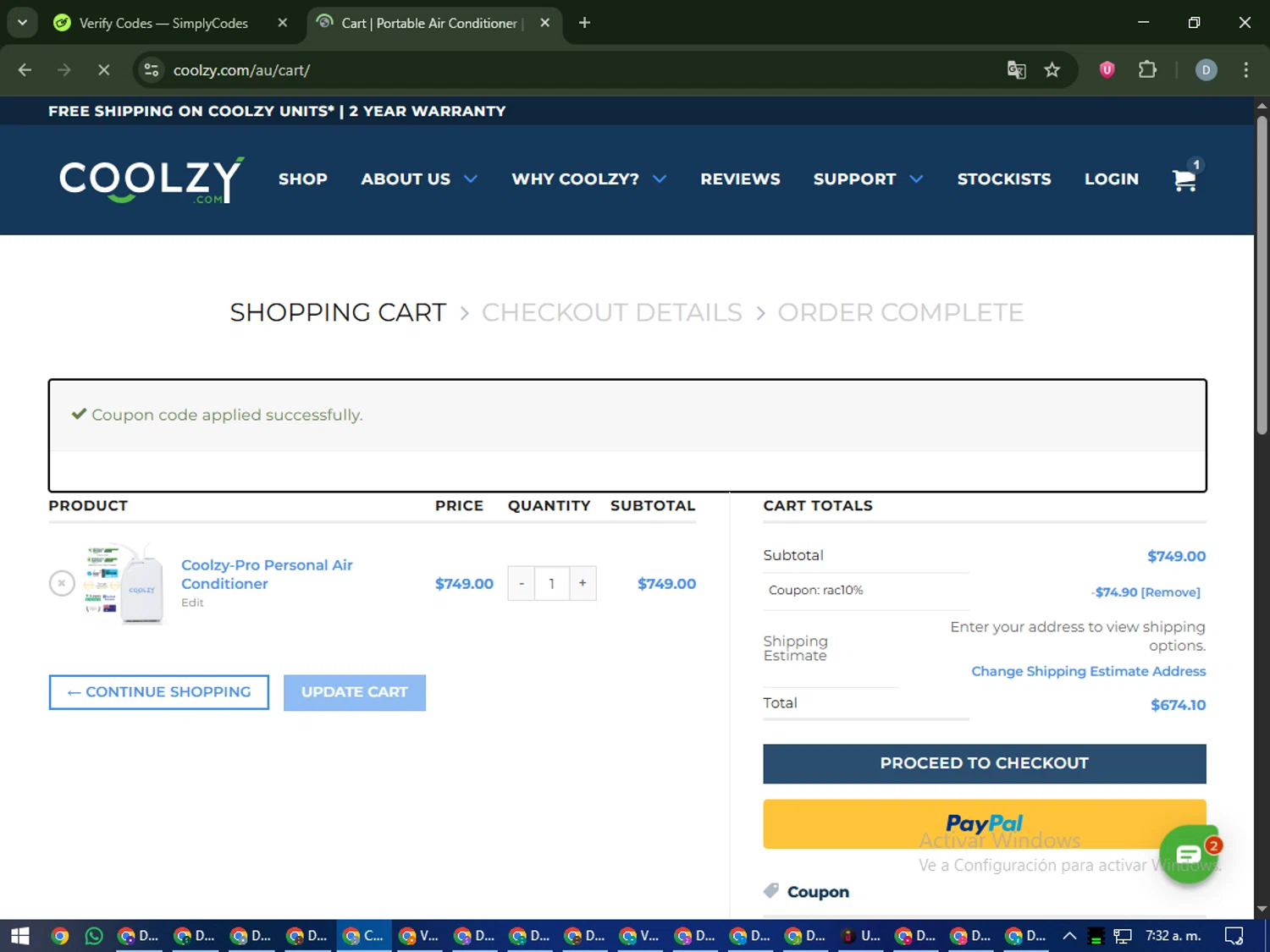 Coolzy coupon code screenshot showing code RAC10% applied at Coolzy checkout page. Uploaded by SimplyCodes community member CleverCurator2558 on Oct 23, 2025