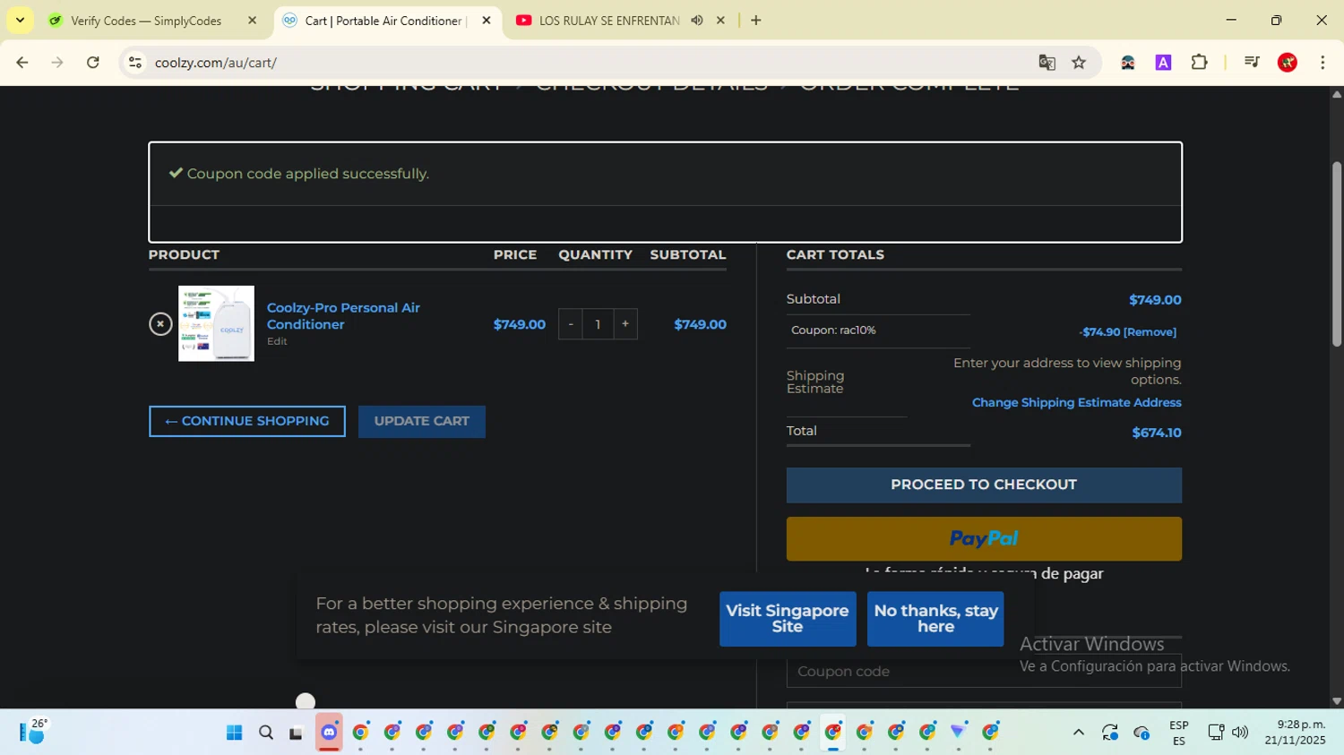 Coolzy coupon code screenshot showing code RAC10% applied at Coolzy checkout page. Uploaded by SimplyCodes community member ShrewdCaptain2457 on Nov 22, 2025