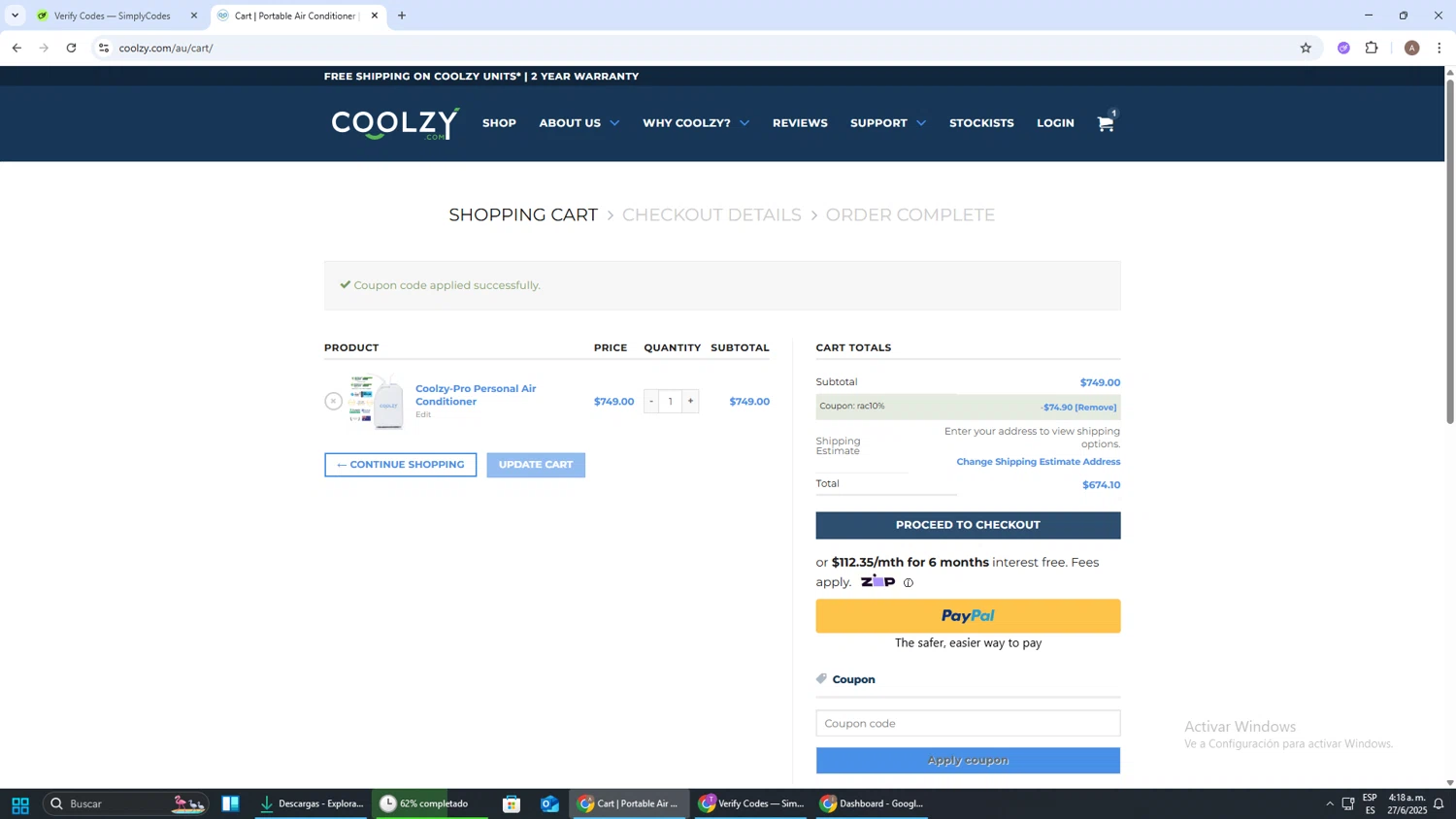 Coolzy coupon code screenshot showing code RAC10% applied at Coolzy checkout page. Uploaded by SimplyCodes community member SwiftSage2309 on Jun 27, 2025