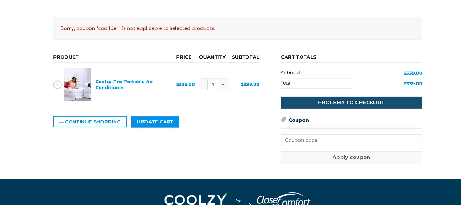 Coolzy coupon code screenshot showing code cool10er applied at Coolzy checkout page. Uploaded by SimplyCodes community member CRYSTALSUICINE on Jan 31, 2026