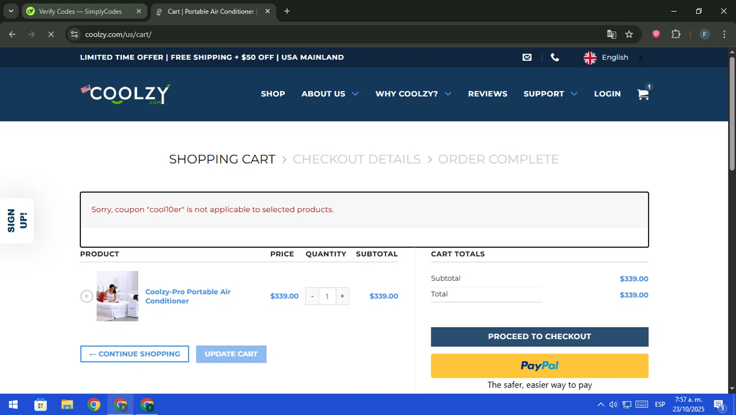 Coolzy coupon code screenshot showing code cool10er applied at Coolzy checkout page. Uploaded by SimplyCodes community member pajarito on Oct 23, 2025