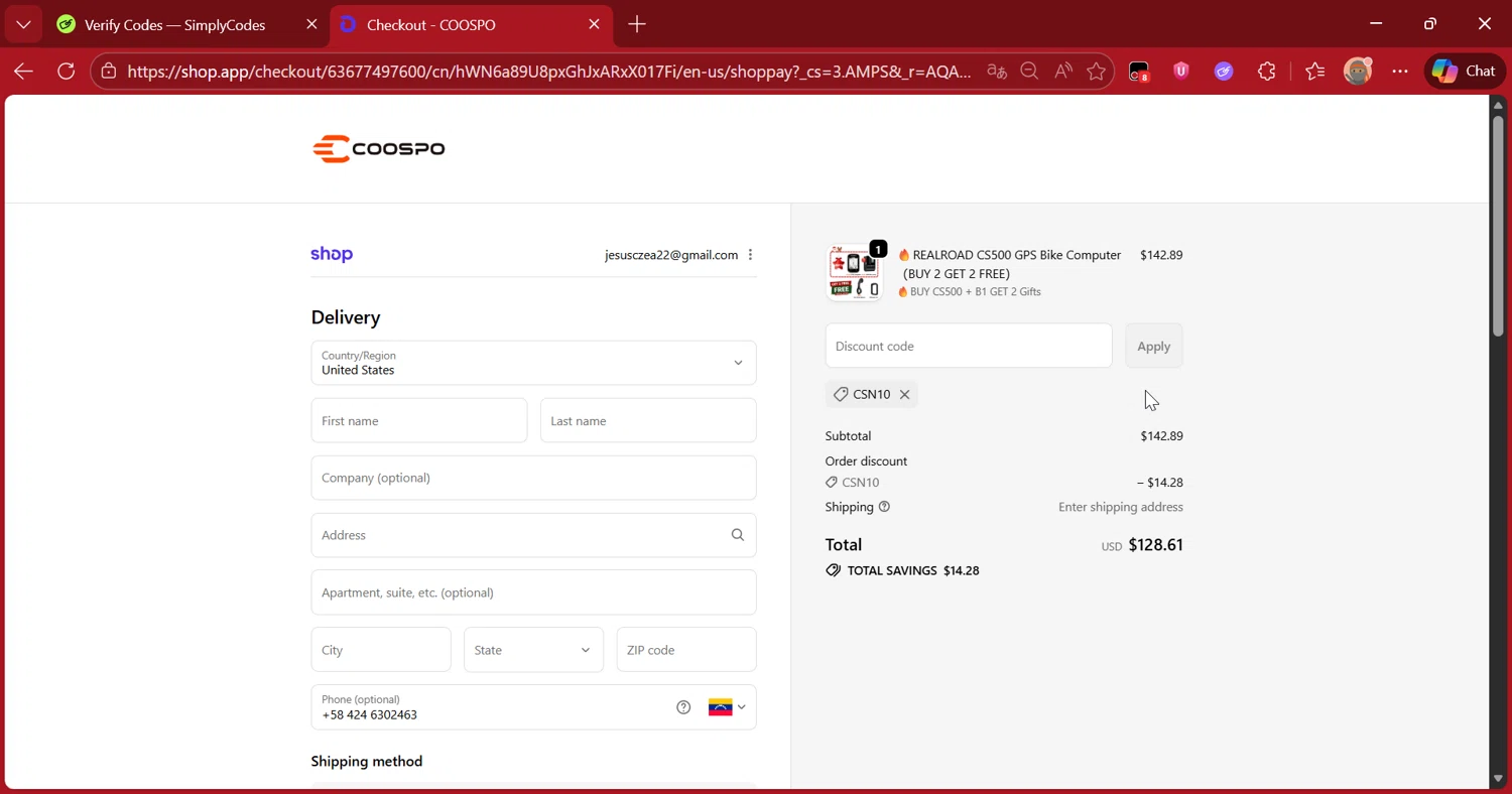 Coospo discount code screenshot showing code csn10 applied at Coospo checkout page. Uploaded by SimplyCodes community member DiscountScout1417 on Dec 18, 2025