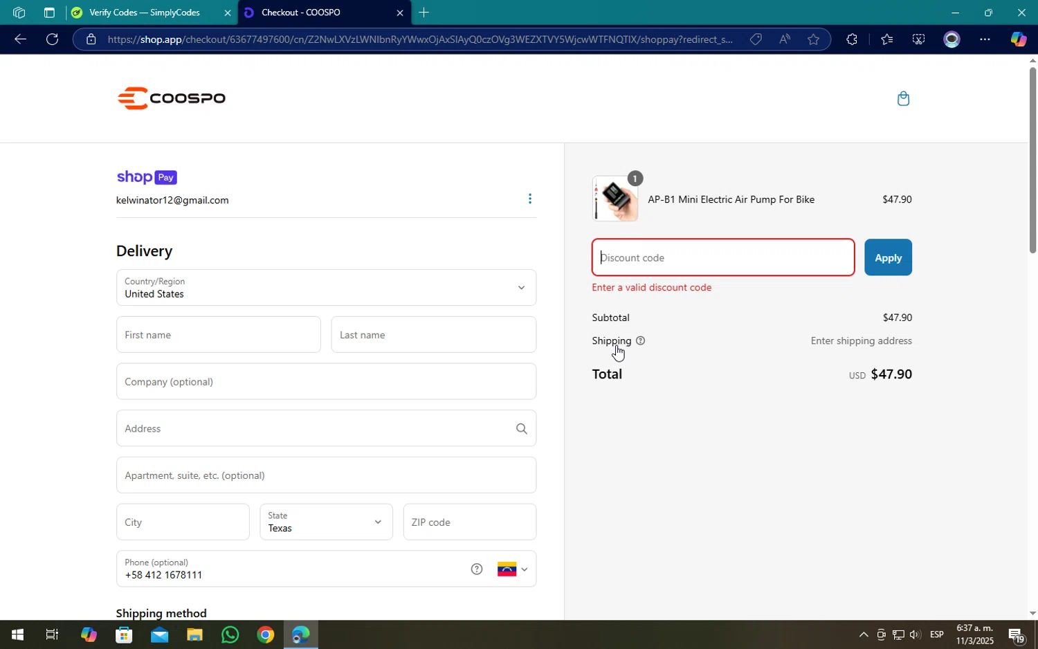 Coospo discount code screenshot showing code csn10 applied at Coospo checkout page. Uploaded by SimplyCodes community member SOPACONPAN on Mar 11, 2025