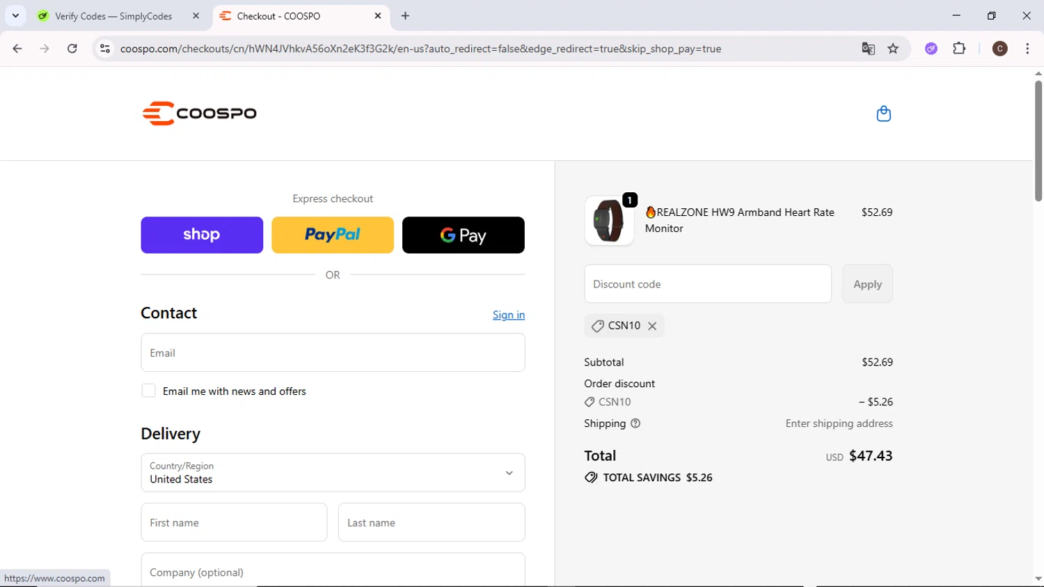 Coospo discount code screenshot showing code csn10 applied at Coospo checkout page. Uploaded by SimplyCodes community member MoneyPilot9634 on Oct 20, 2025