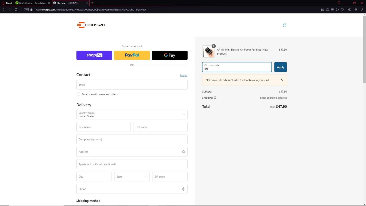Coospo discount code screenshot showing code Bf5 applied at Coospo checkout page. Uploaded by SimplyCodes community member CleverAdmiral2537 on Feb 10, 2025