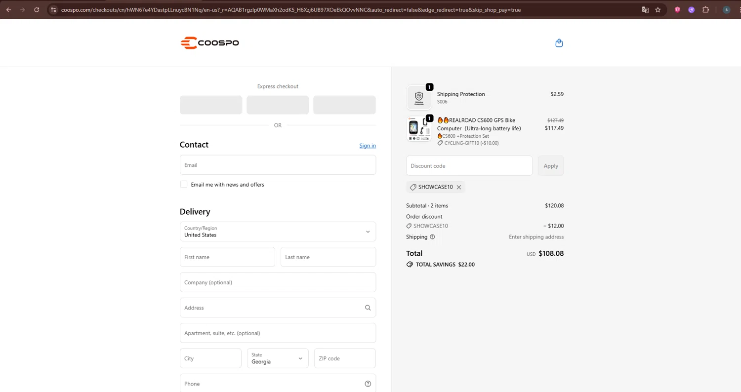 Coospo discount code screenshot showing code SHOWCASE10 applied at Coospo checkout page. Uploaded by SimplyCodes community member CleverChaser9201 on Dec 6, 2025