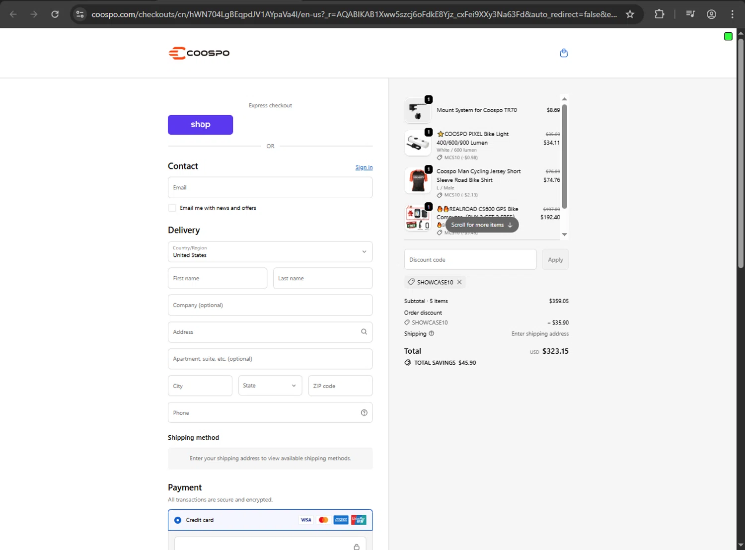 Coospo discount code screenshot showing code SHOWCASE10 applied at Coospo checkout page. Uploaded by SimplyCodes community member webiwabo on Dec 29, 2025