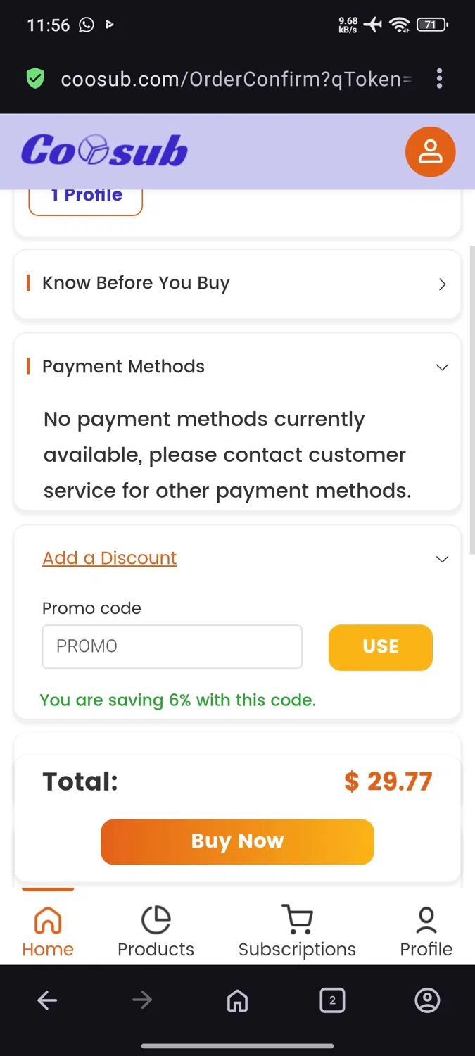 coosub checkout page showing coosub discount code box | Screenshot taken by SimplyCodes community member on Oct 13, 2025