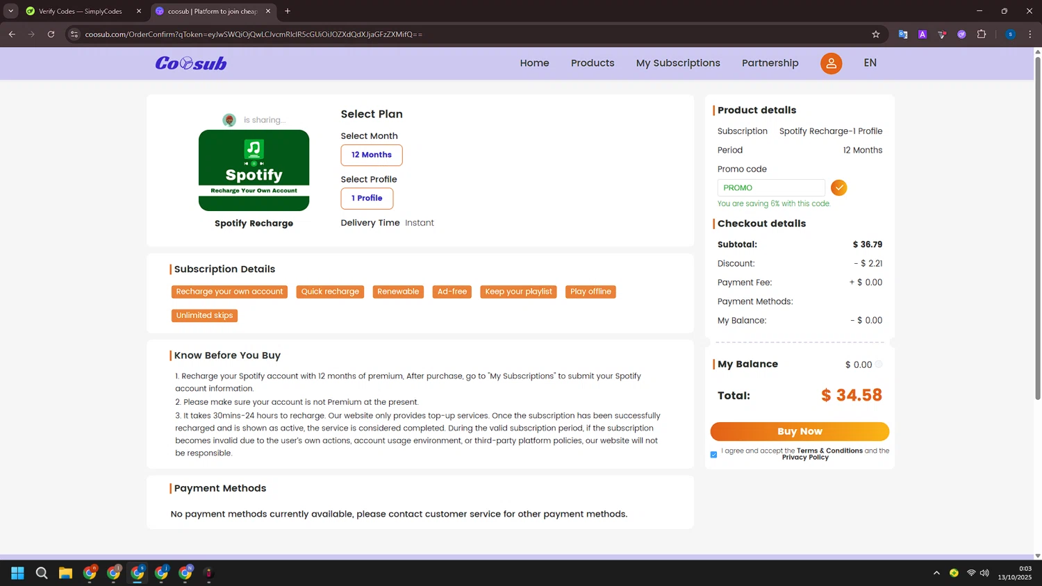 coosub checkout page showing coosub discount code box | Screenshot taken by SimplyCodes community member on Oct 13, 2025
