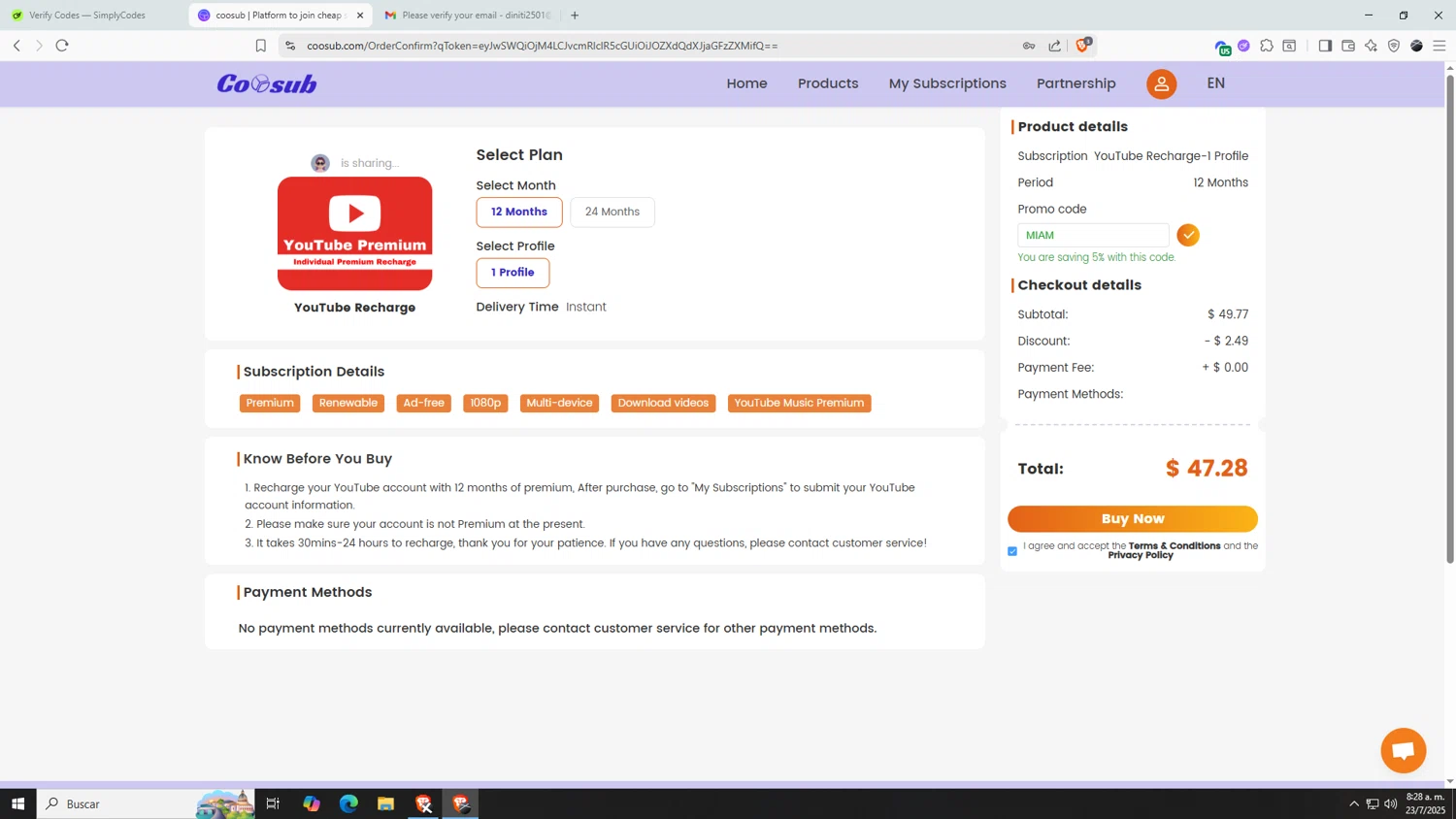 coosub discount code screenshot showing code MIAM applied at coosub checkout page. Uploaded by SimplyCodes community member AnthonyGTX on Jul 23, 2025