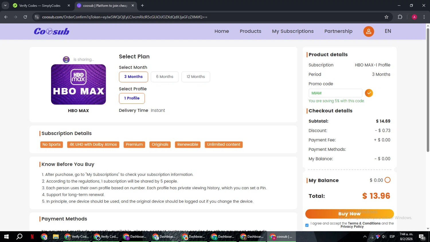coosub discount code screenshot showing code MIAM applied at coosub checkout page. Uploaded by SimplyCodes community member BMWGS1200 on Feb 8, 2026