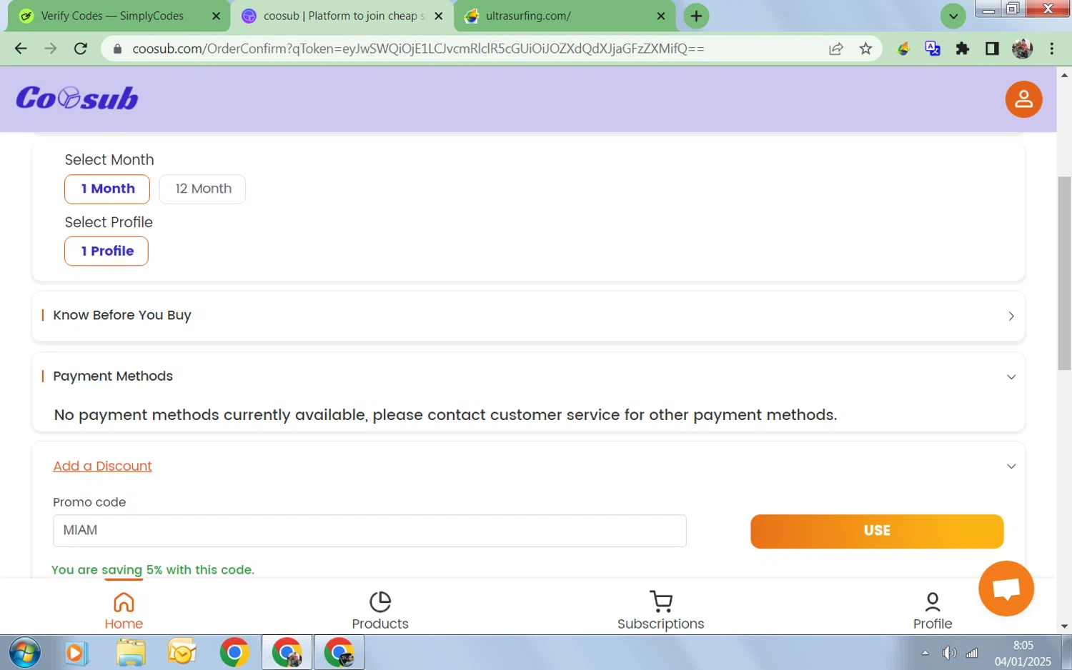 coosub discount code screenshot showing code MIAM applied at coosub checkout page. Uploaded by SimplyCodes community member Collug on Jan 4, 2025