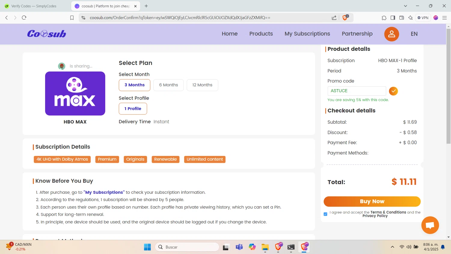coosub discount code screenshot showing code ASTUCE applied at coosub checkout page. Uploaded by SimplyCodes community member nabucodonosor on Jan 4, 2025
