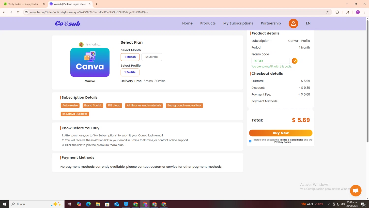 coosub discount code screenshot showing code FUTUR applied at coosub checkout page. Uploaded by SimplyCodes community member ShrewdSleuth9497 on May 26, 2025