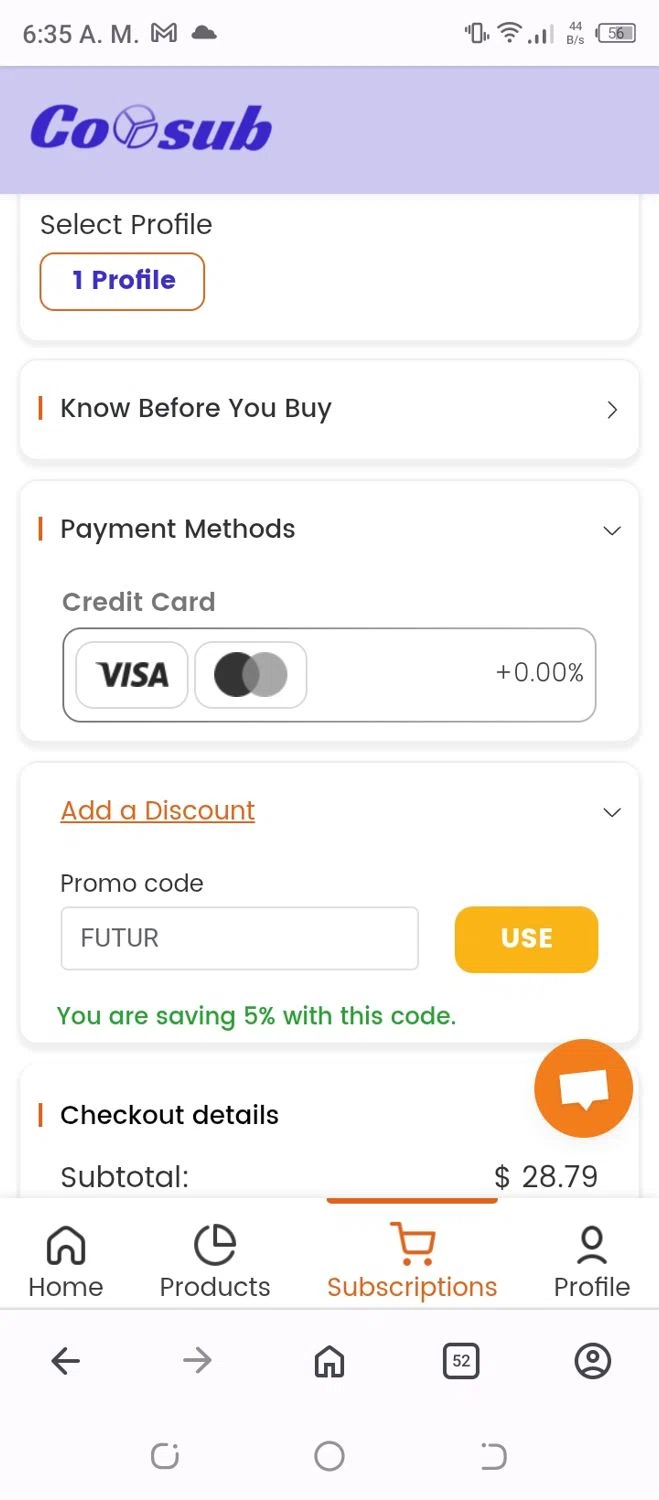 coosub discount code screenshot showing code FUTUR applied at coosub checkout page. Uploaded by SimplyCodes community member VoucherFalcon3942 on Mar 29, 2025