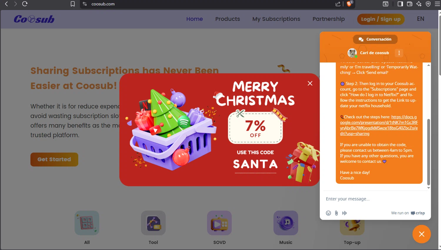 coosub discount code screenshot showing code santa applied at coosub checkout page. Uploaded by SimplyCodes community member crischidy25 on Dec 12, 2025