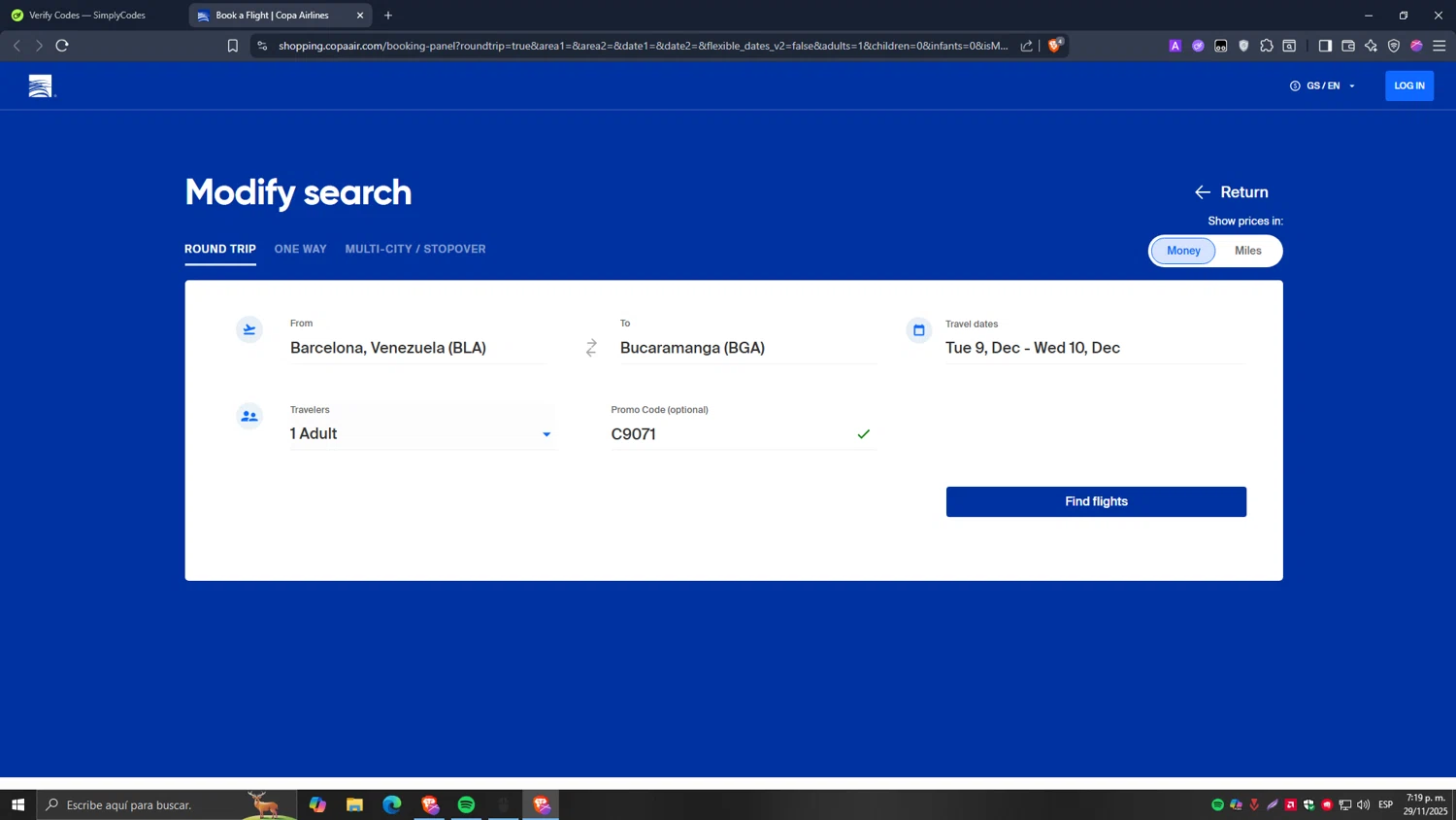 Copa Airlines promo code screenshot showing code C9071 applied at Copa Airlines checkout page. Uploaded by SimplyCodes community member Carlos54 on Nov 29, 2025