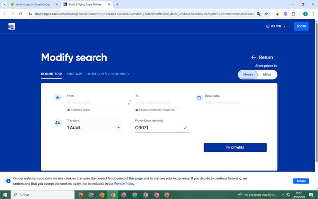 Copa Airlines checkout page showing Copa Airlines promo code box | Screenshot taken by SimplyCodes community member on Aug 14, 2025